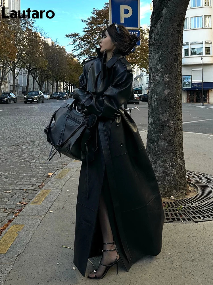 Lautaro Spring Autumn Extra Long Black Pu Leather Trench Coat for Women with Back High Slit Chic European Fashion 2024 240925