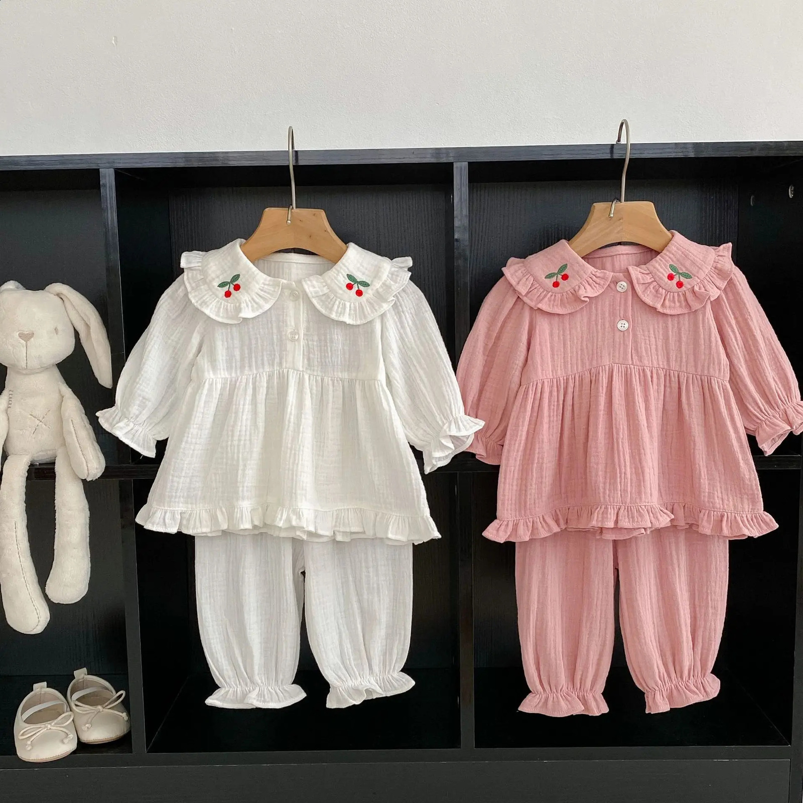 Autumn Spring Baby Girls 2PCS Sleepwear Set Cotton Cherry Loose Top Soft Breathable Pants Preschool 240925