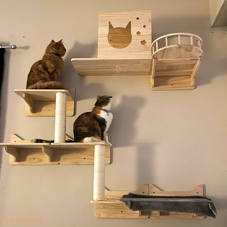 Wall mounted wooden cat house furniture scraper frame climbing ladder Perch cat bridge and jumping platform used for cats to play 240919