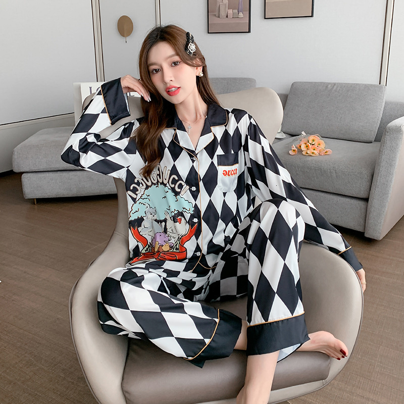 Black White Geometric Ice Silk Pamas, Women's Spring And Autumn Thin Cardigan, Long Sleeve Trousers Suit, High-grade Home