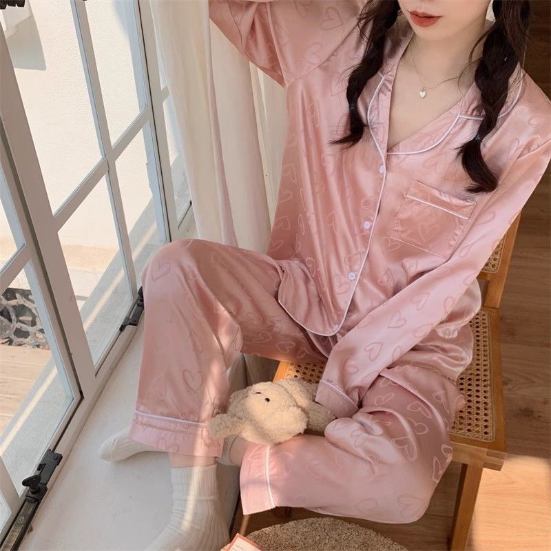 Long-Sleeved Trousers Simulation Silk Female Autumn and Winter Cardigan Lapel Student Pamas Love Blue Women's Homewear
