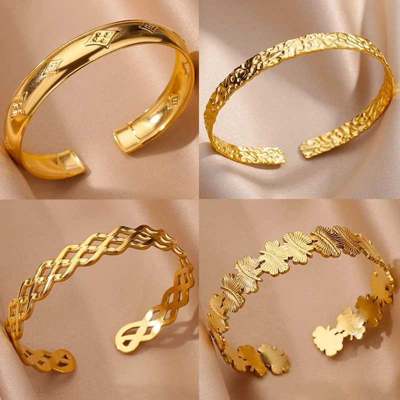 Stainless Steel Bangles Bracelets for Women Gold Color Geometric Texture Open Cuff Bangle Bracelet Femme Vintage Jewelry pulseraX240925