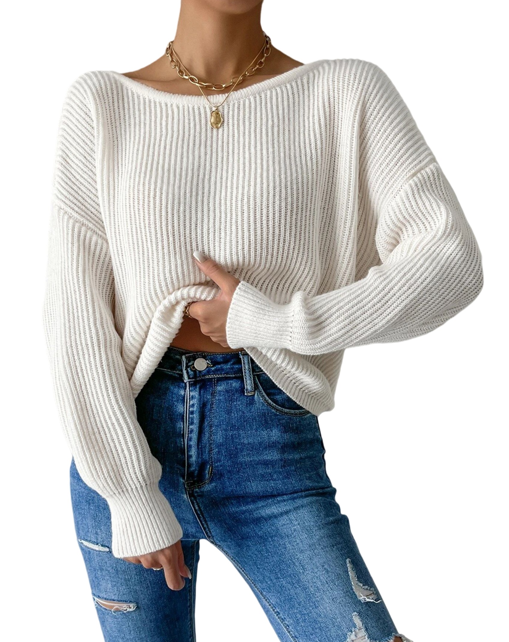 Women's Long Sleeve Backless Sweater - Casual Round Neck Solid Color Knit Top For Fall & Winter