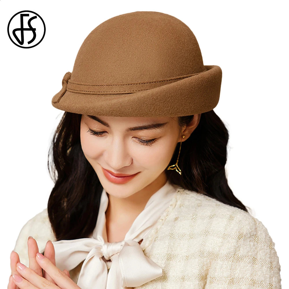 FS British Fashion Elegant Womens Wedding Party Top Hat Winter Hat Knitted Edge Beret Womens Retro Cork Wool Felt Fedoras 240921