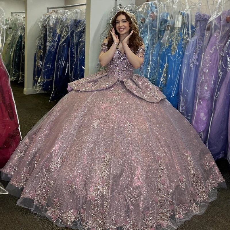 Luxury Lilac Shiny Quinceanera Dresses Ball Gown Off The Shoulder Appliques Lace 3D Flower Beads Lace-Up Sweet 16 Dress Party Vestidos de 15 anos