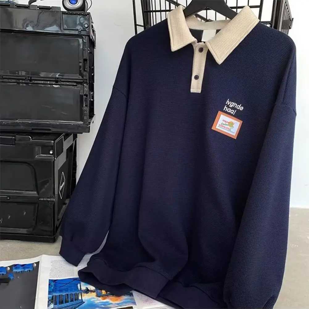 Men Spring Autumn Loose Sweatshirt Lapel Buttons Neckline Long Sleeve Pullover Tops Print Waffle Texture Sport TopsX240925