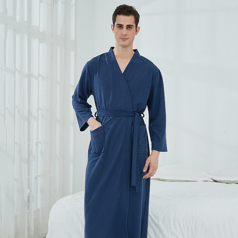 Couples Spring Autumn Waffle Bathrobe Pamas For Women And Men With Waistband Pockets Nightrobe Long Sleeve V-Neck Solid Loose