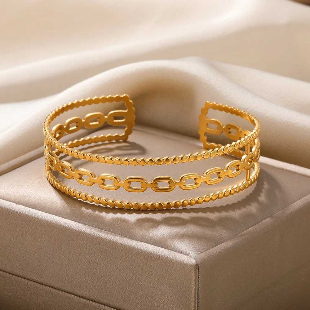 Double Twist Wide Bangles For Women Gold Color Stainless Steel Open Adjustable Cuff Bangle Fashion Jewelry GiftX240925