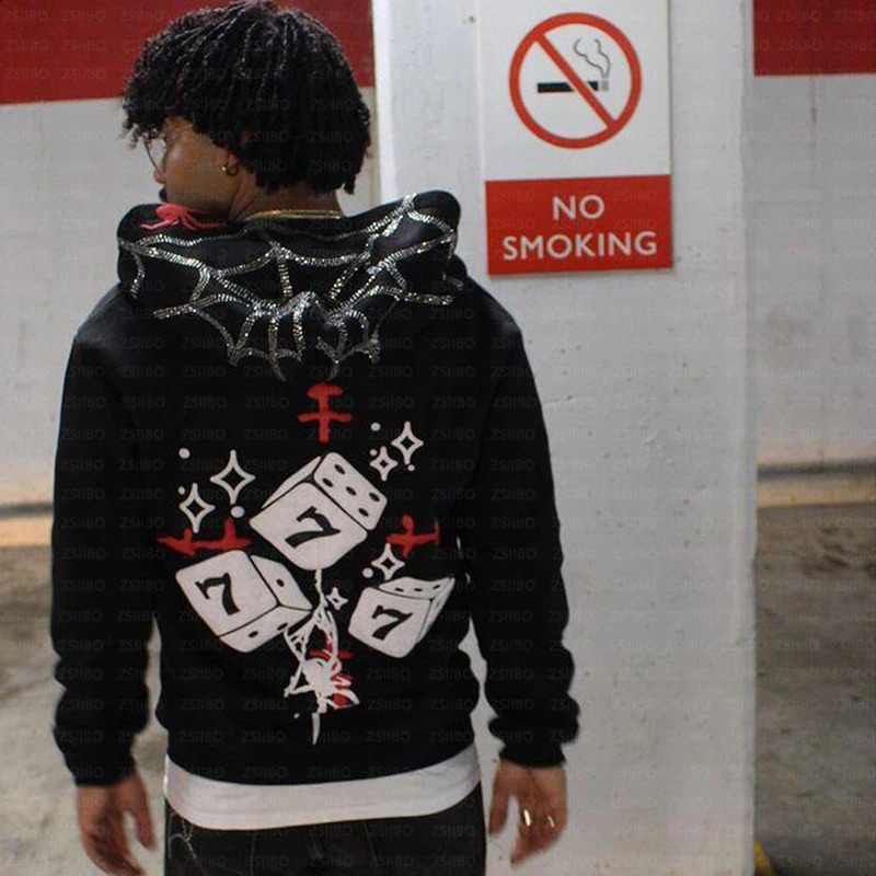 Y2K Clothing Diamond Printing Spider Web Pattern Zipper Hoodie Gothic Rhinestone Street Sweater Unisex Jacket Womens 240925