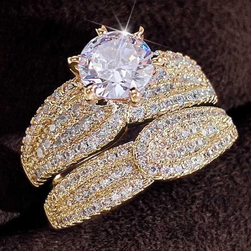 Huitan Hot 2Pcs Set Ring Fashion Jewelry Womens Silver/Gold Full Color Sparkling Ice CZ Luxury Wedding Accessories W240925