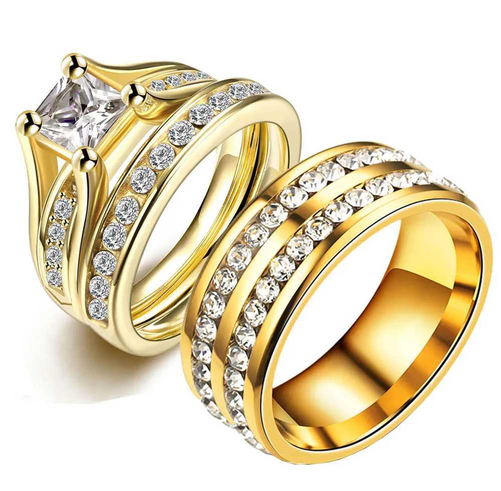 Princess Cut Cube Zirconia Couple Ring Stainless Steel Wedding Ring Set for Men and Women Party Jewelry Gold W240925