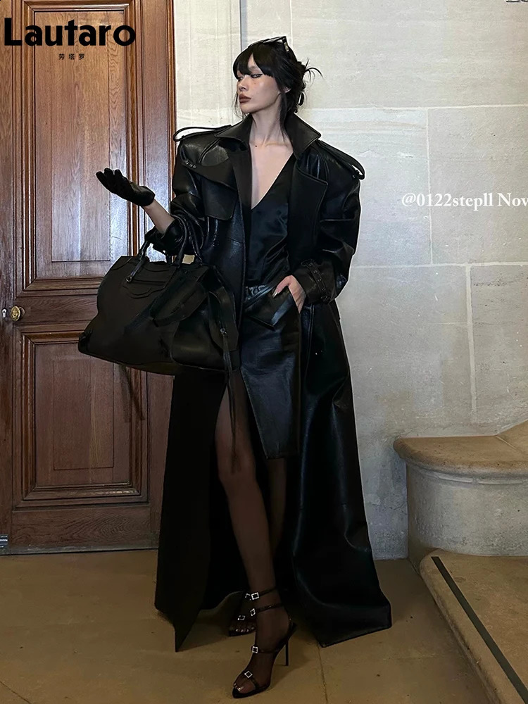 Lautaro Spring Autumn Extra Long Black Pu Leather Trench Coat for Women with Back High Slit Chic European Fashion 2024 240925