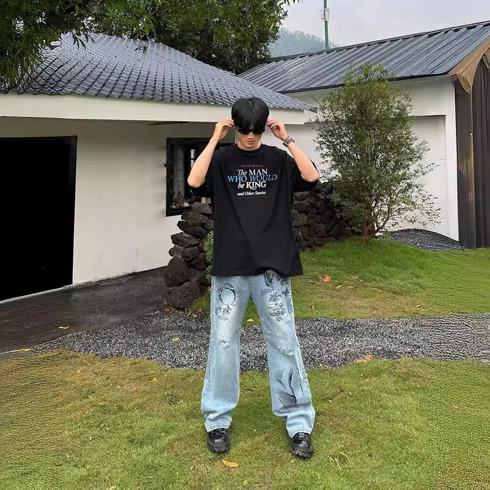 American retro graffiti pattern with holes loose hanging jeans summer street trend casual straight leg pants 240925