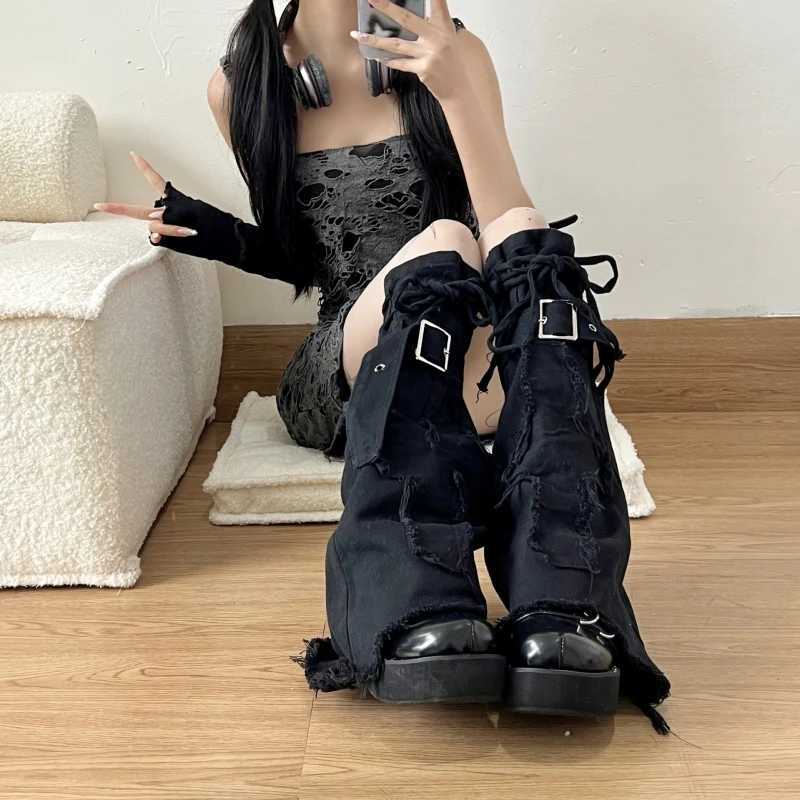 Other Fashion Accessories New Fashion Cool Thin Black Denim Leg Covers Vintage Drawstring Strap Punk Cross Design Horn Stacked Socks Womens Leg Warmer