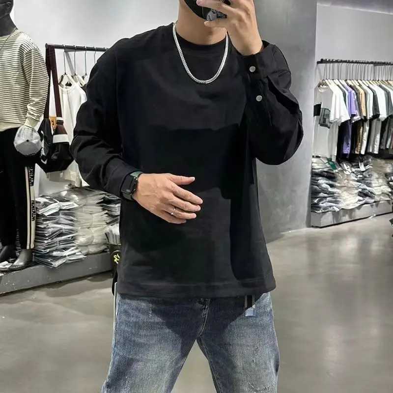 Autumn Winter New Fashion Round Neck Long Sleeve Solid Sweatshirt Mens Clothing Casual Button Cuffs Korean Trend All-match TopsX240925
