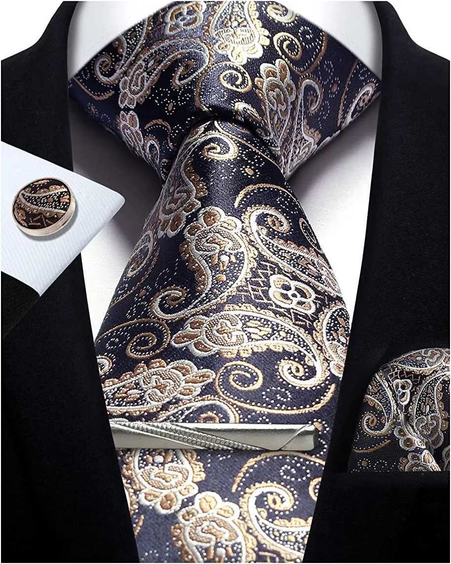 100% silk brand tie handle cufflink set mens necklace holiday gift box blue gold set accessories suitable for workplace holidays Y240925