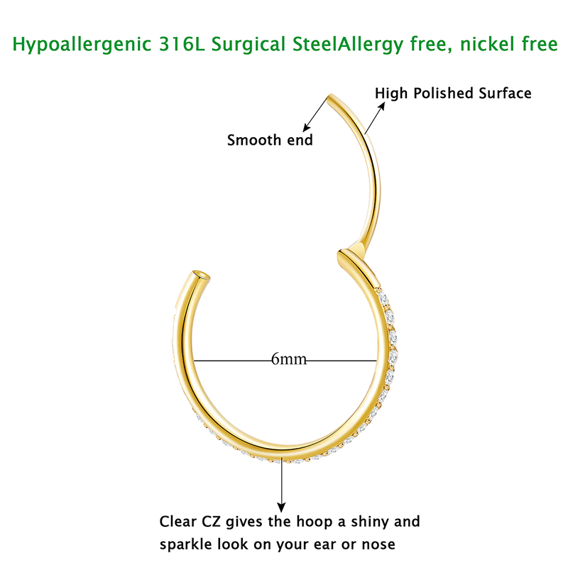TUPMI 20G Nose Ring Hoop 316L Surgical Steel Nose Hoop 14k Gold CZ Handmade Stainless Steel Cartilage Earrings Tragus Helix Hoop Nose Rings Piercing J