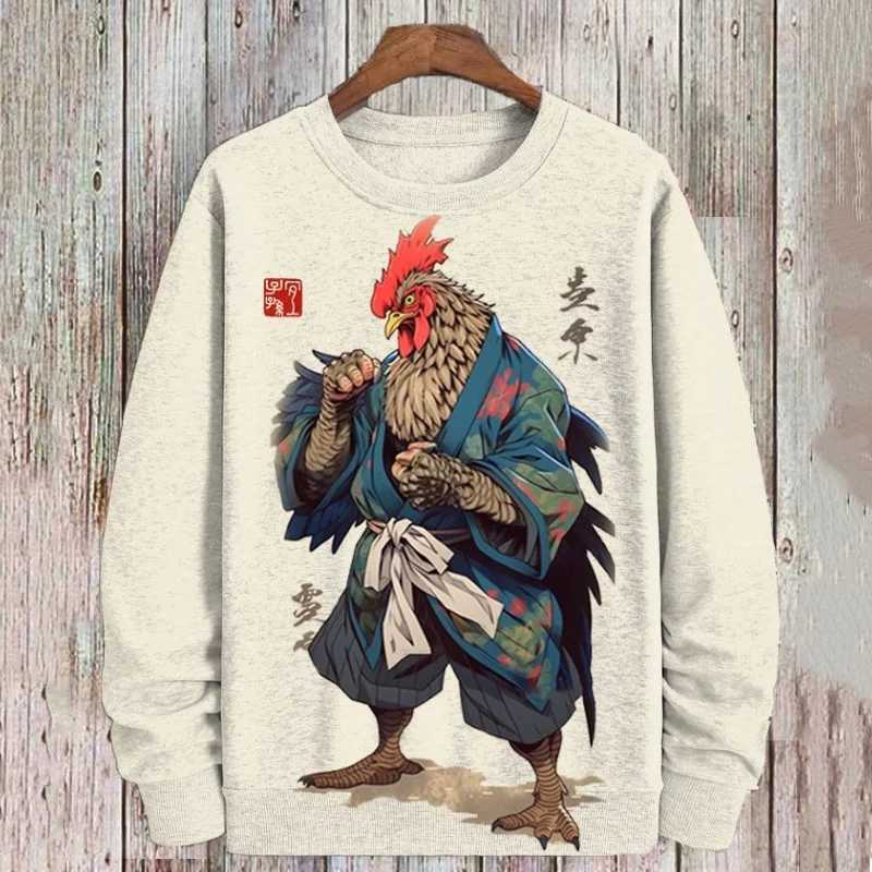 Kung Fu Chicken Pattern Hoodie For Men Vintage 3D Printed Pullover Autumn Street Long Sleeve Loose Sweatshirt Round Neck HoodiesX240925