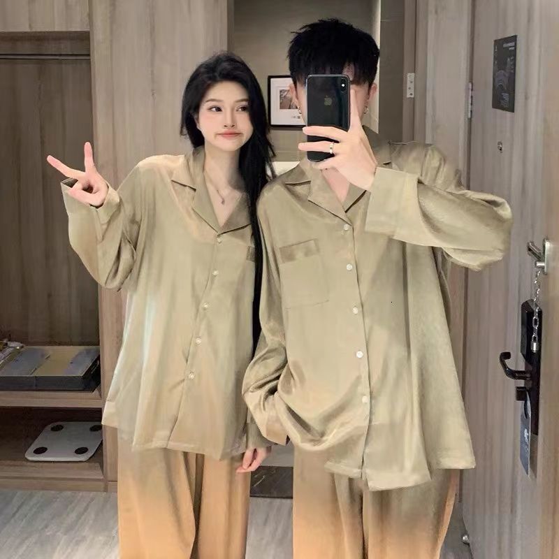 2024 New Couple Green Pyjamas Sets Ladies Long Sleeve Fashion Casual Sleepwear Pamas Set Men Turn-down Collar and Button Home