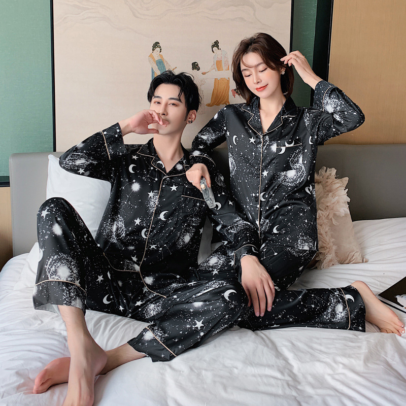 Couple Women Men Galaxy Star Moon Printed Satin Long Sleeve Pants Sleepwear 2 Pcs Lovers Female Pamas Pyjamas Homewear