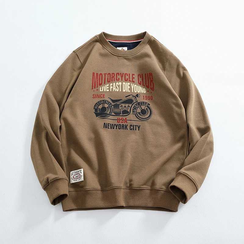 Vintage motorcycle printing thick texture hoodie mens round neck knitted wool circle cloth base shirt top tideX240925
