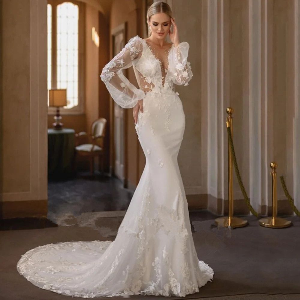 Long Sleeve V-Neck Wedding Dress Sheath Button Simple Backless Bride Gown Spandex Sweep Train Pleats Vestido De Novia 02 6660312