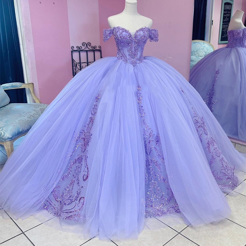 Luxury Lavender Shiny Quinceanera Dresses 2025 Sequin Lace Appliqued Crystal Off the Shoulder Ball Gown Sweet 16 Vestidos 15 De Anos