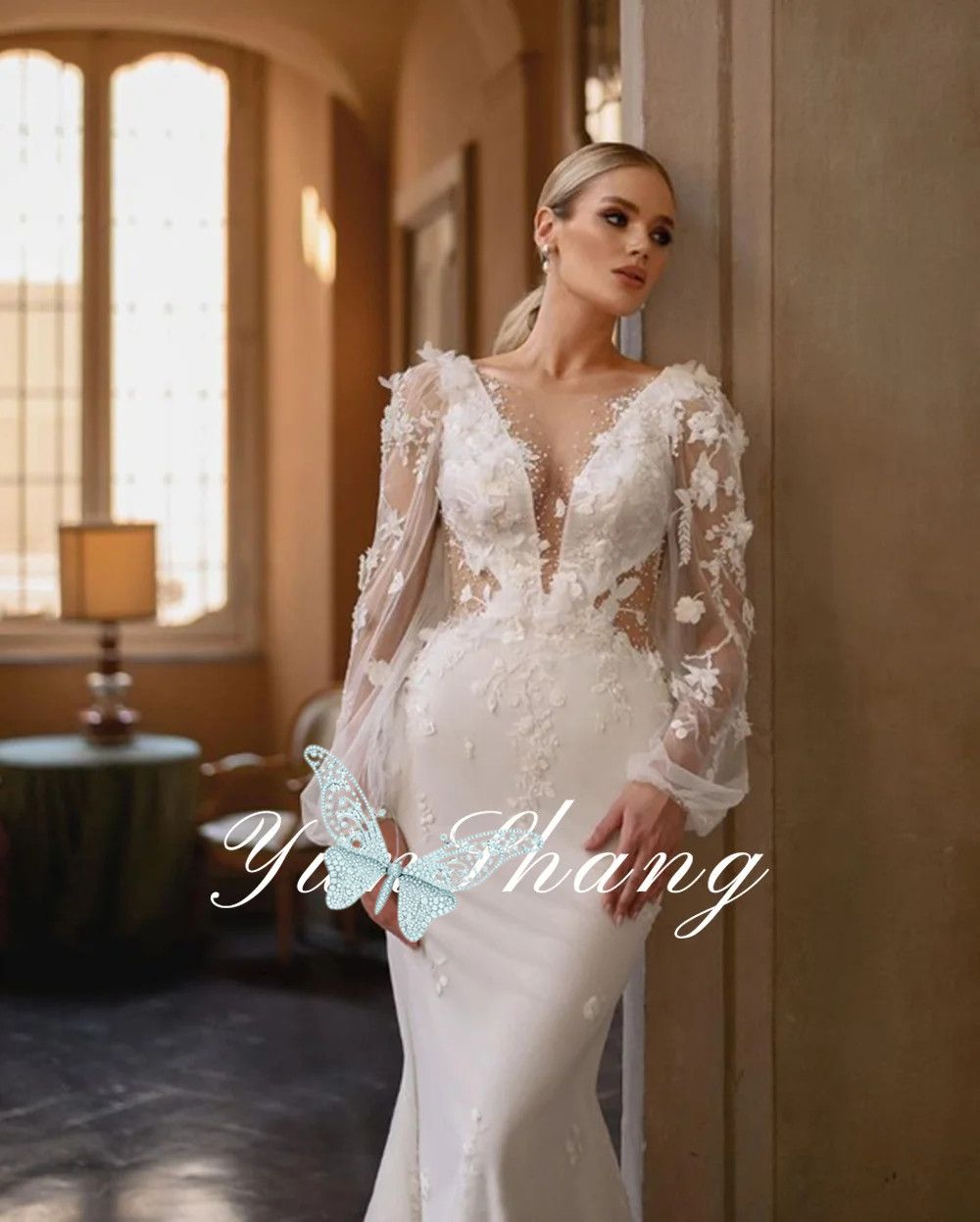 Long Sleeve V-Neck Wedding Dress Sheath Button Simple Backless Bride Gown Spandex Sweep Train Pleats Vestido De Novia 02 6660312