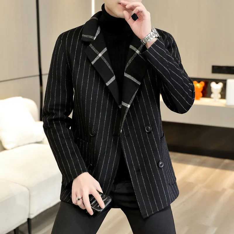Double-sided Striped Plaid Coat Mens 2024 Autumn/winter New Fashion Handsome Double-breasted Suit Collar Short Woolen Coat Y240924