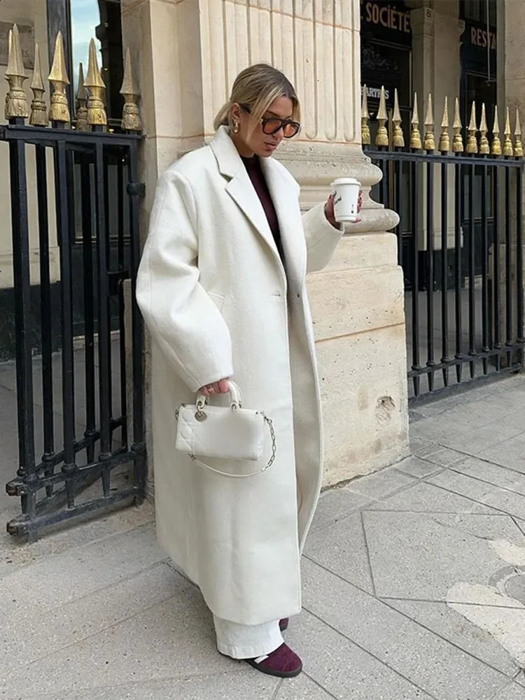 Autumn Oversized Solid Woolen Lapel Long Sleeve Coat Women Fashion One Button Overcoat 2024 Winter Lady High Streetwear 240921