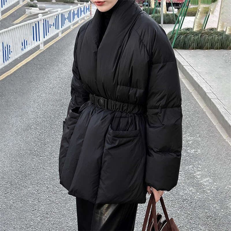 High Quality Winter New Women's V-Neck Waist Tie 90 White Duck Thick Down Y2k Fashion Slim Warm Jacket 2024