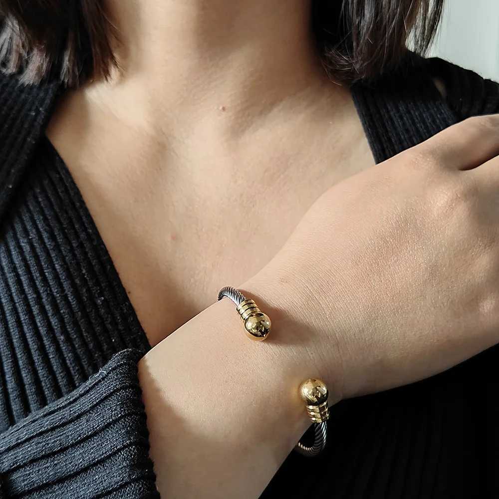 Men Double Ball Shaped Open Bangle Stainless Steel Jewelry Twisted Steel Cable Texture Cuff Bracelet Birthday Gift for BoyfriendX240925