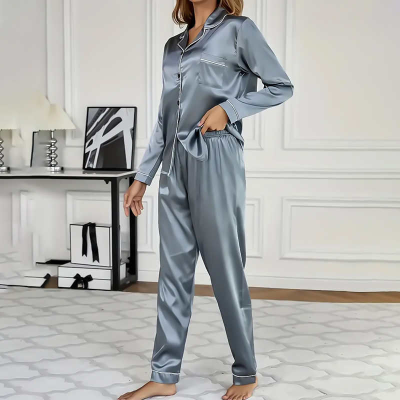 Women's Sleepwear Simple Satin Pama Set Long Sleeve Buttons Lapel Top With Elastic Pants Loungewear Nightwear 2 Piece Nighty