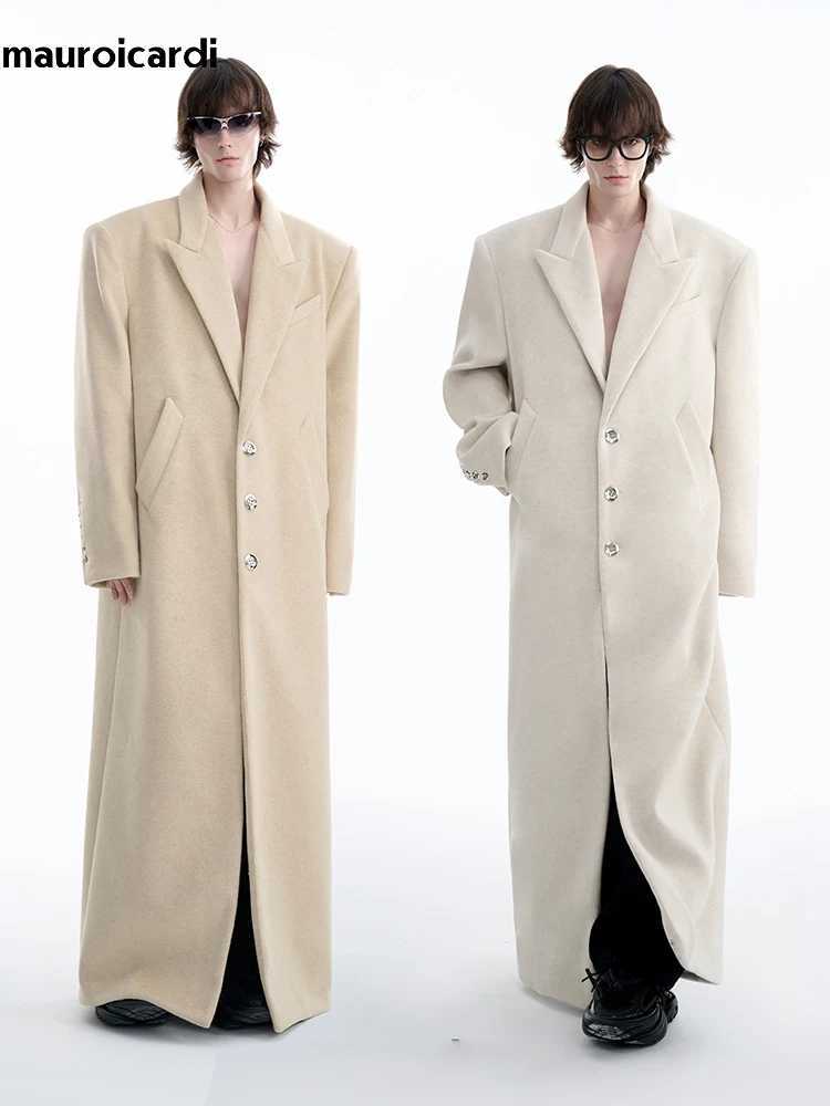 Mauroicardi Autumn Winter Oversized Extra Long Warm Black Wool Blends Coat Men Luxury Designer Floor Length Woolen Overcoat 2024 Y240924