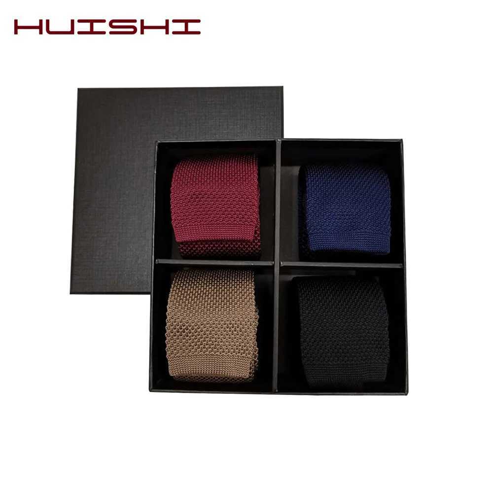 HUISHI ultra-thin fashionable mens knitted tie 5.5cm pure black gray blue Burgundy knitted tie Y240925