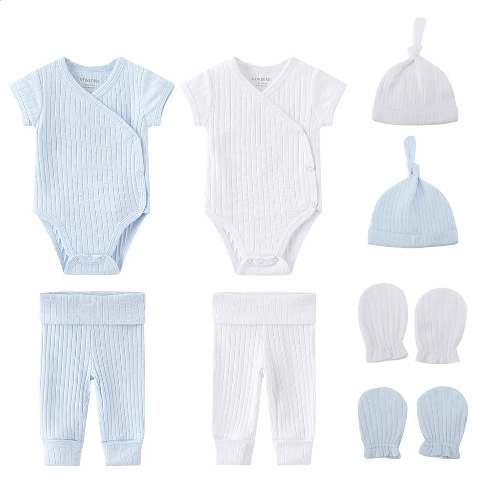 8 pieces of unisex born baby girl clothing set cotton tight fitting clothespantshatgloves boy solid color short sleeved 240925