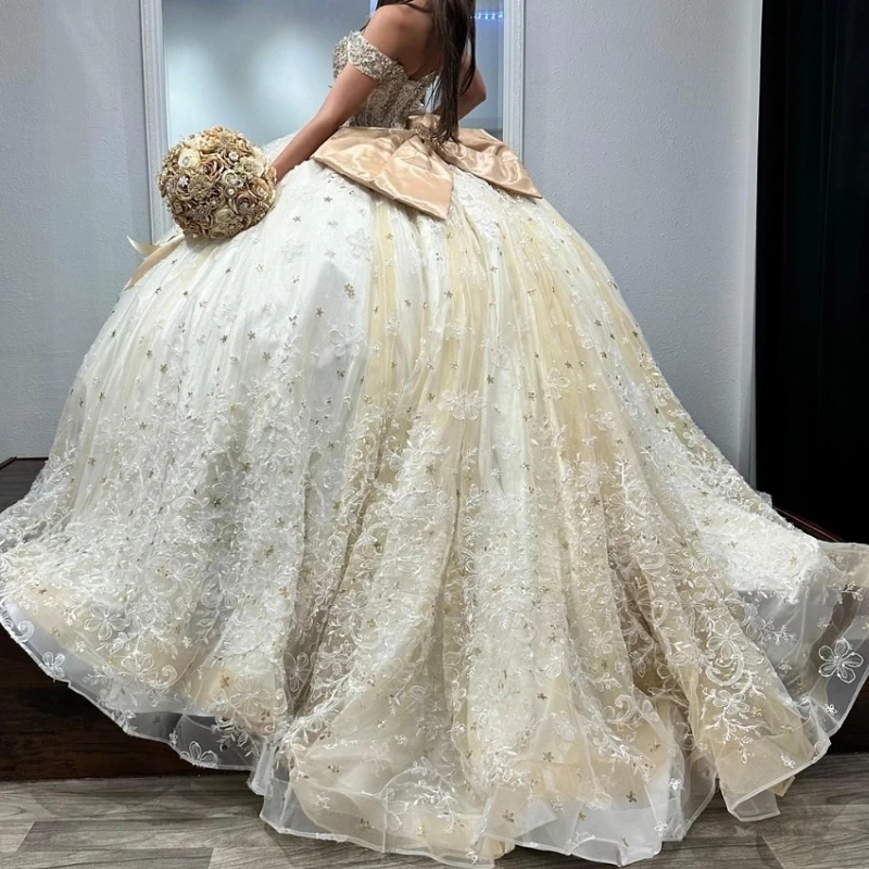 Light Champagne Shiny Quinceanera Dresses Ball Gown Sweetheart Lace Beading Tulle Lace-Up Backless Party Princess Sweet 16 Dress Vestidos 15 Anos