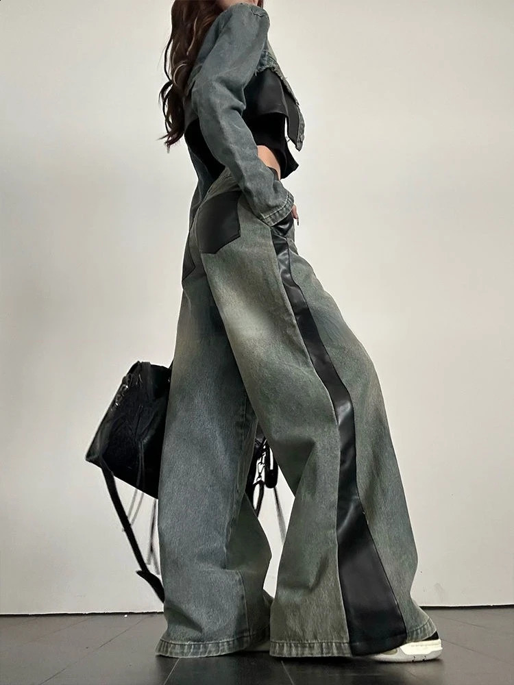 Fashionable retro blue long sleeved denim jacket for womenY2k E- high waist loose wide leg pants spring two-piece set 240919
