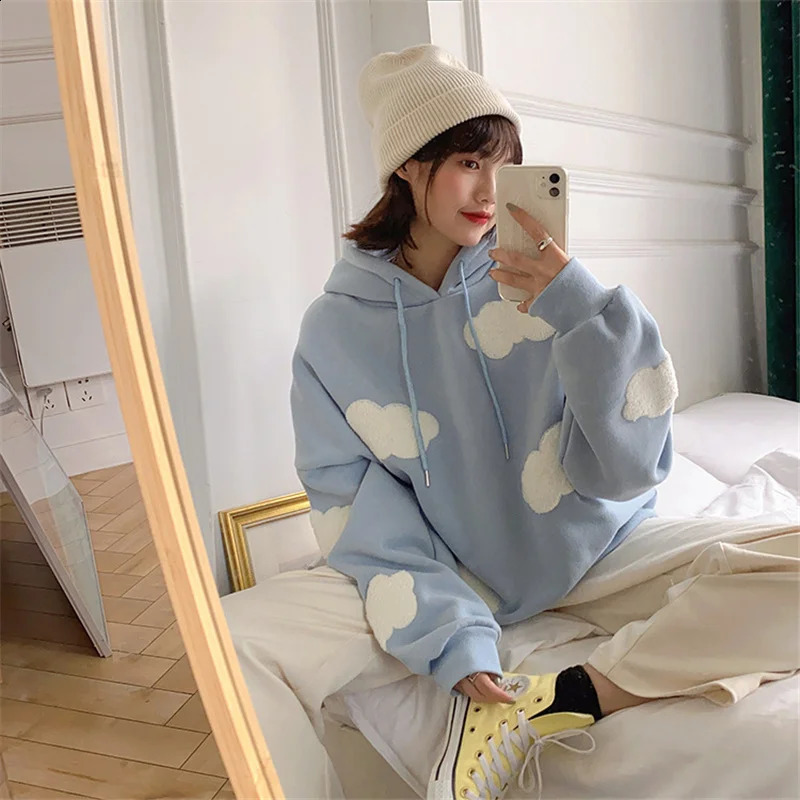Autumn Winter Women Blue white cloud Hoodie Thick Warm Female Fleece Hoodies Oversize Sweatshirt Top Ladies Hooded Top coat 240920