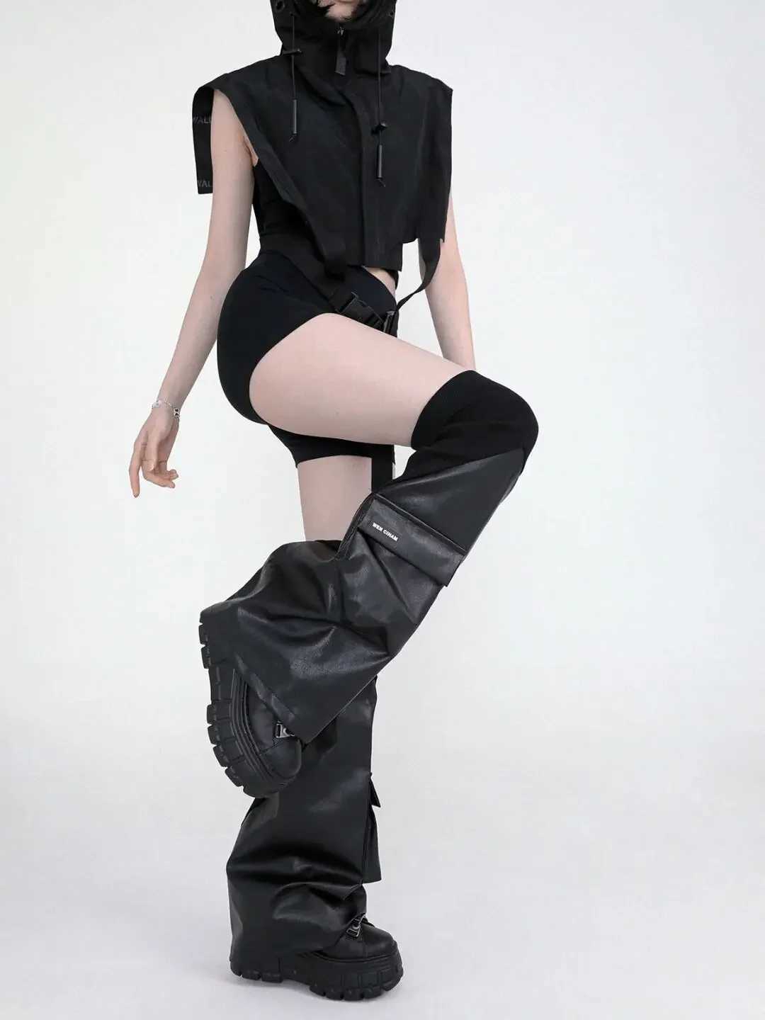 Other Fashion Accessories REDDACHiC Function Pockets Black White Women Leg Warmers Leather Knit Stitch Boots Cover Thighlong Socks Goth Grunge Y2k Ga 