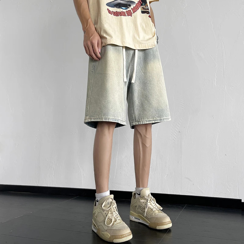Summer mens denim shorts loose straight wide leg elastic waist pocket clothing 240925