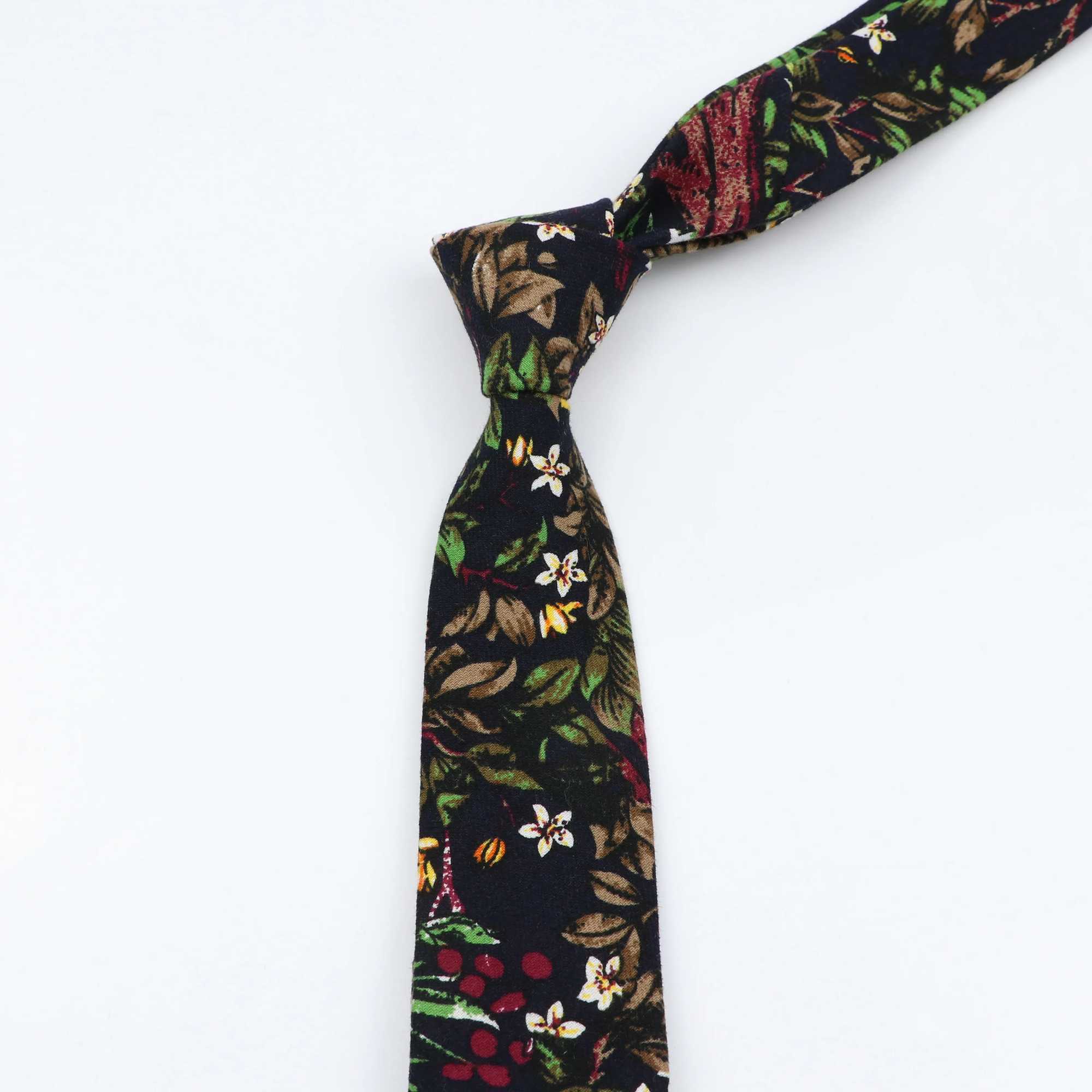Mens 6cm Classic Cotton Handmade Thin Neck Tie for Wedding Casual Collar Set Bird Flower Printed Collar Tie Gift Y240925