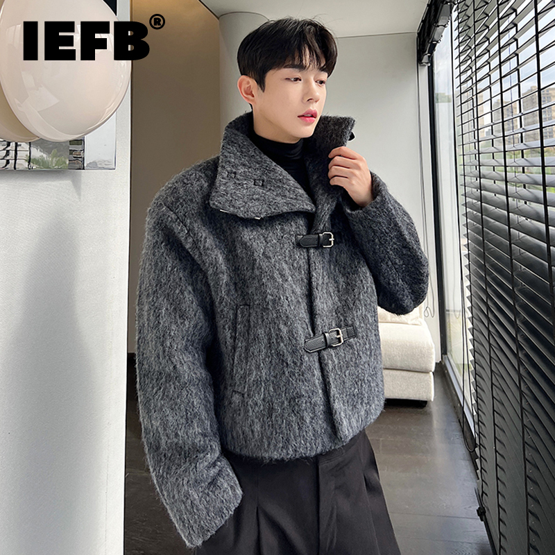 IEFB Wool Coat Trend Men's Autumn Winter Design Thickened Grey Woolen Cloth Leather Button Stand Collar Short Windbreaker 9C2080