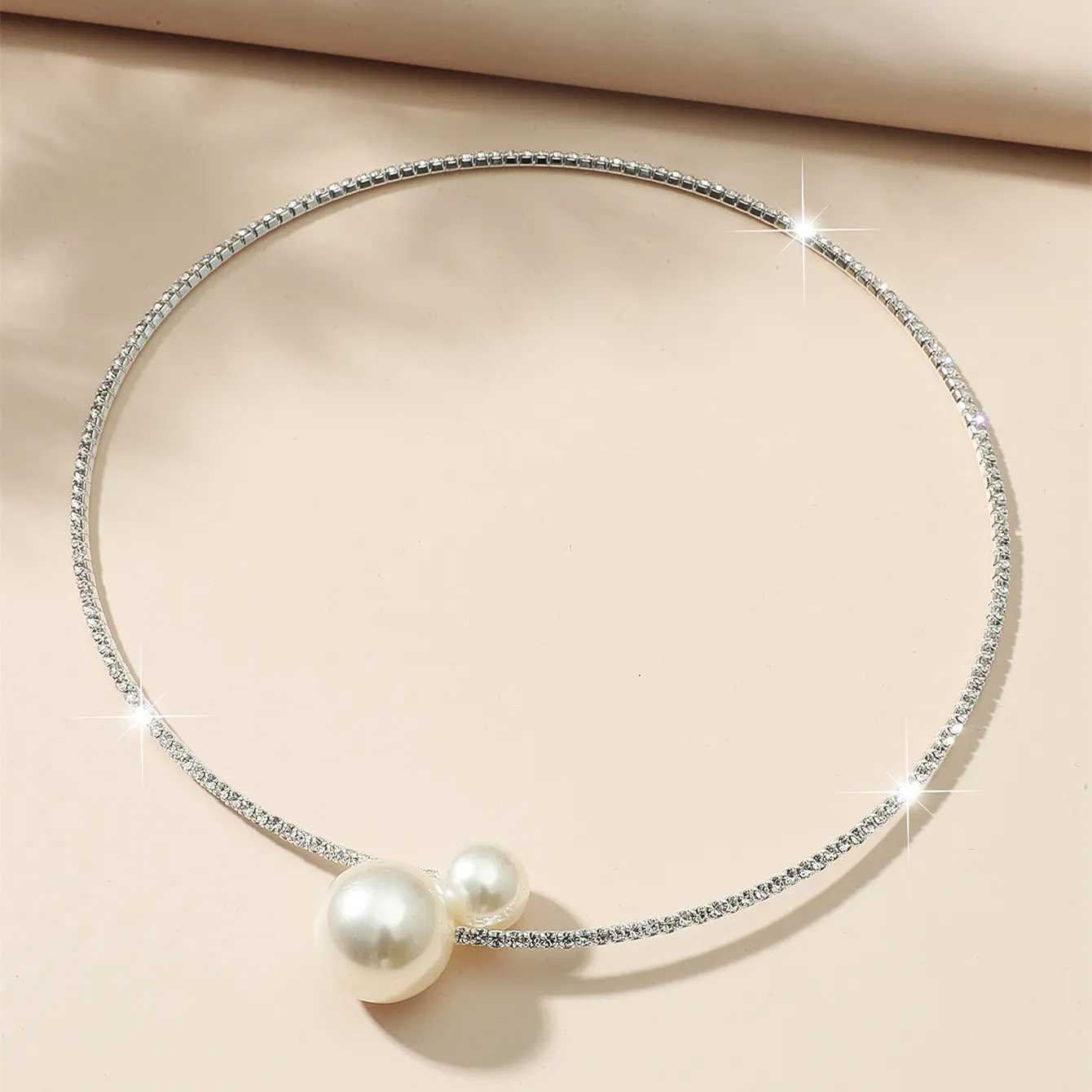 Elegant Crystal Imitation Pearl Open Bracelets for Women Gold Silver Plated Cuff Bangles necklace set Pulseras Mujer JewelryX240925