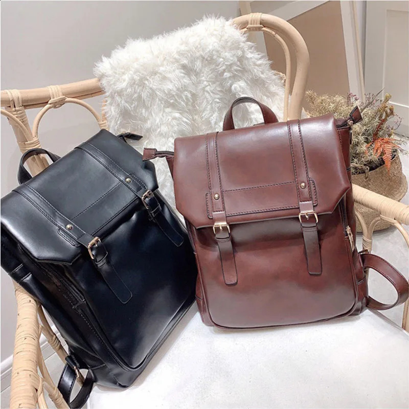 Retro Leather Backpack Womens Fashion Large Drawstring Rucksack School Travel Bag Teen Girls Mochilas Black Brown XA480H 240724
