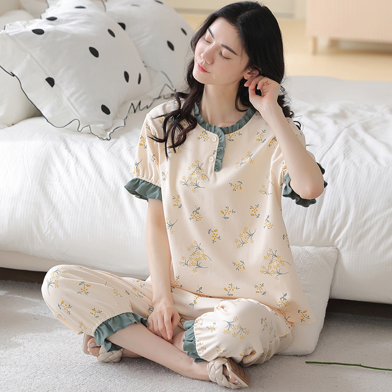 Spring And Women's Pamas Short Sleeve Pants Girls Vintage Home Clothes Cotton Loose Casual Suit Summer