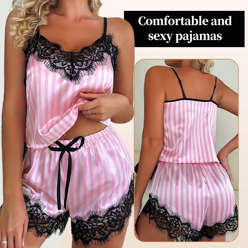 Two Piece V-Neck Lace Suspender Shorts Casual Women's Sleeveless Sexy Pama Set
