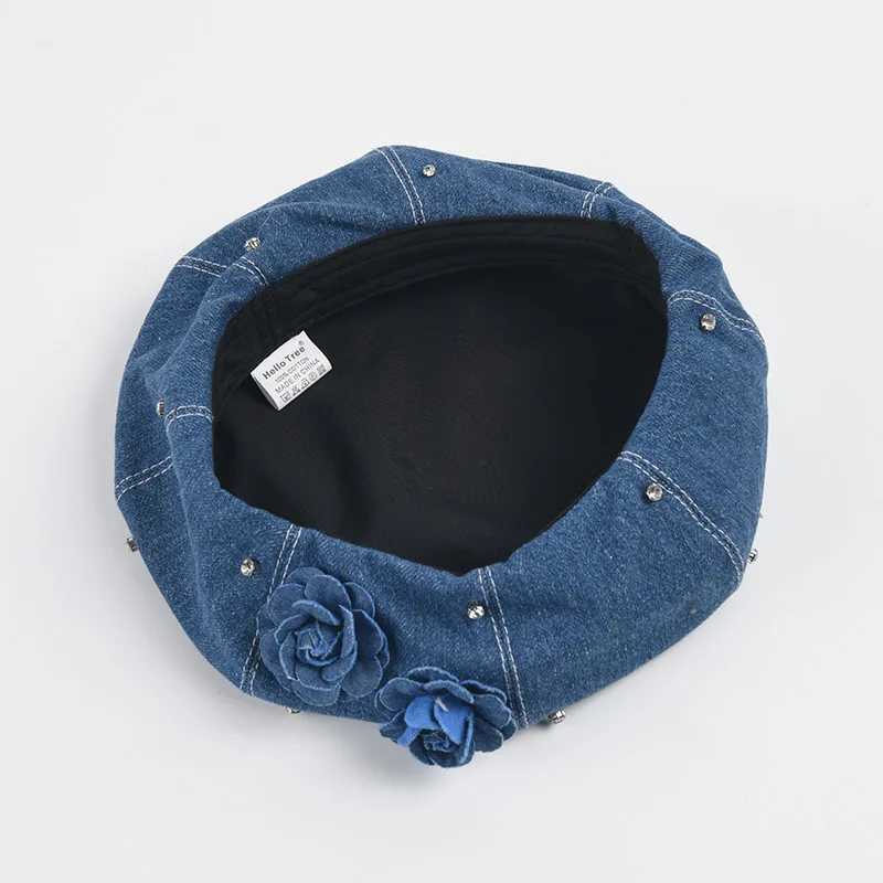 Diamond denim beret womens fashion version simple floral artist hat niche design Boina Casquette W240924