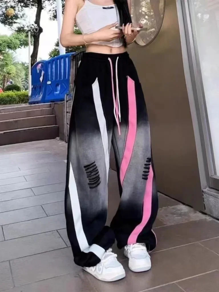 American retro tear casual womens spring and autumn thin street sports pants narrow straight wide Z260314