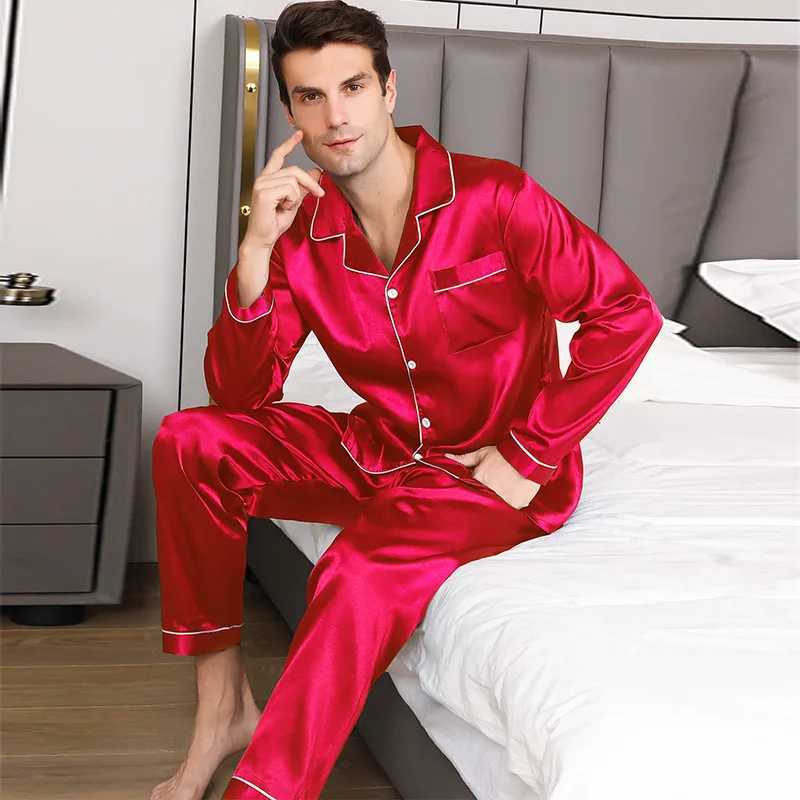 Mens Pajamas Suit Summer Ice Silk Slpwear Shr Thin Long-Slved Loose Large Size Loungewear Suit Silky Satin Nightwear M240925
